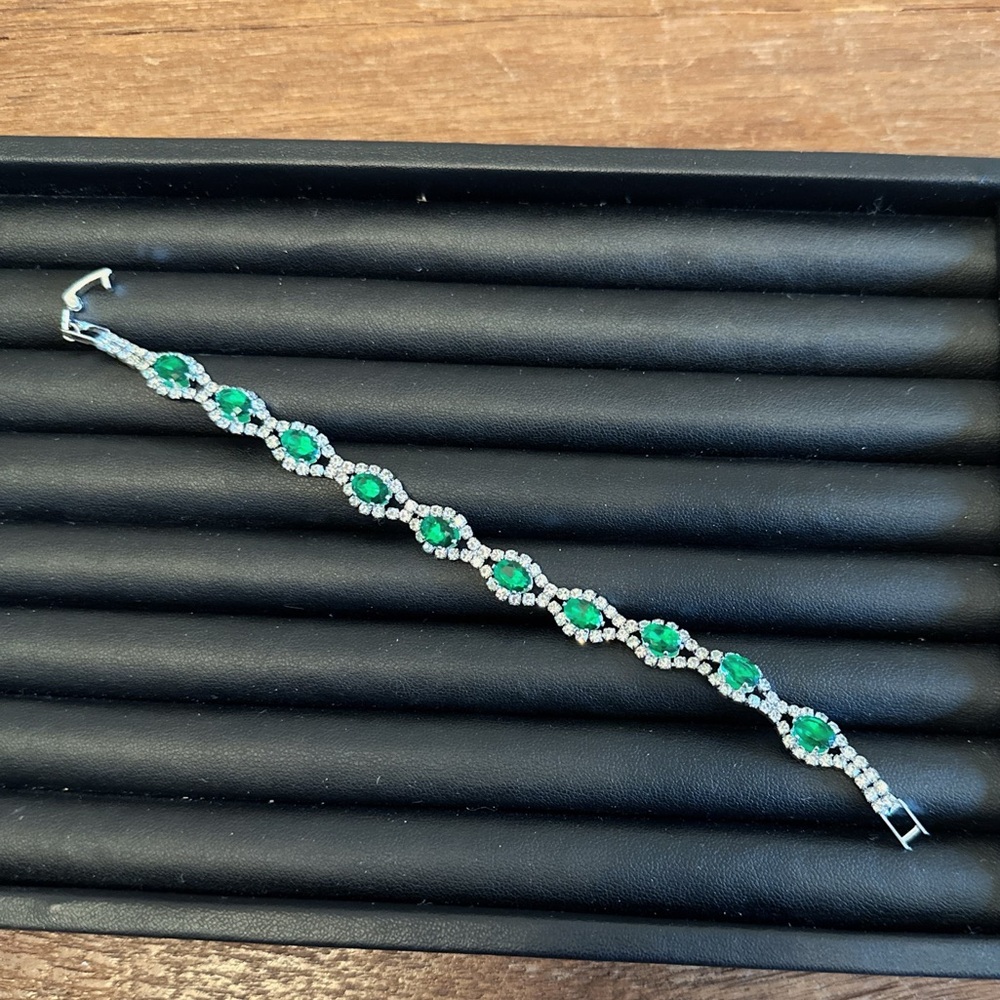 Emerald Green Tennis Bracelet Crystal Bracelet Silver Tone Bracelet Trending